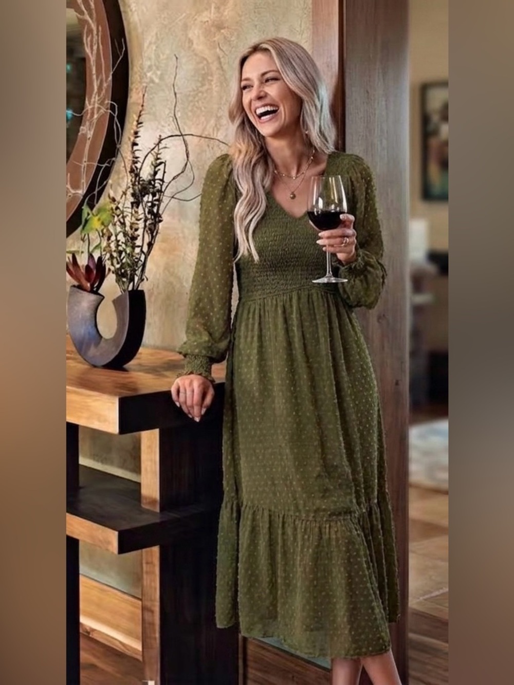 V-Neck Olive Green Long Sleeve Smocked Midi Dress